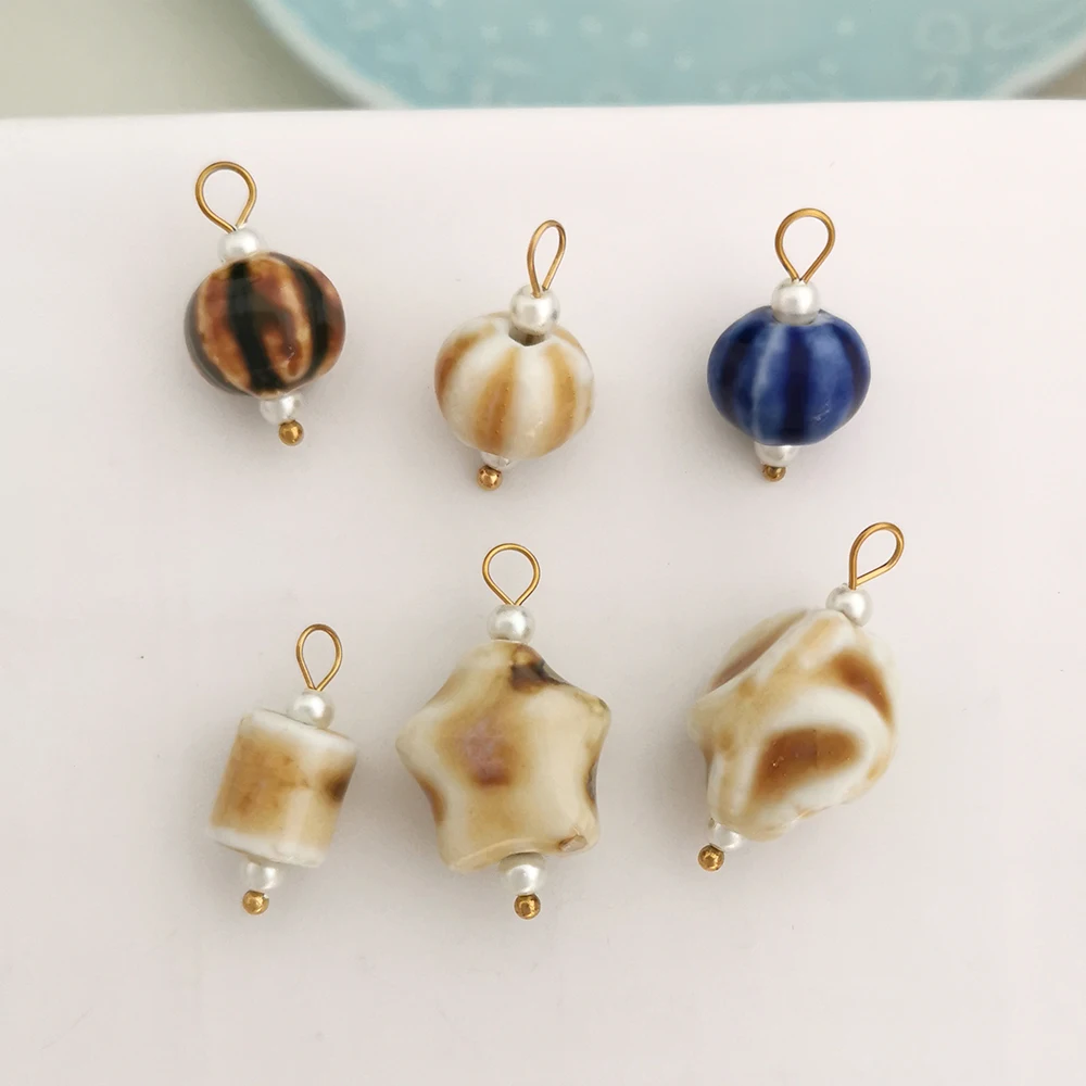 1pc Ceramics Pendant Charm Heart Star Flower Shell Handmade DIY Painting Ethnic Vintage Necklace Stainless Steel Wholesale