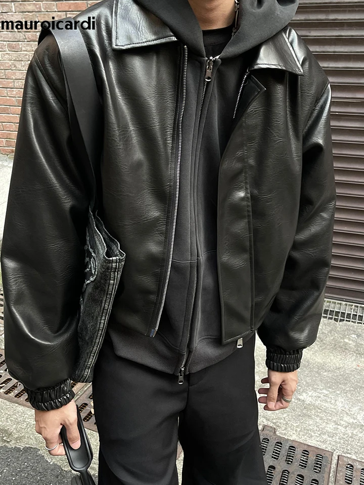 Mauroicardi Spring Autumn Cool Oversized Short Black Soft Pu