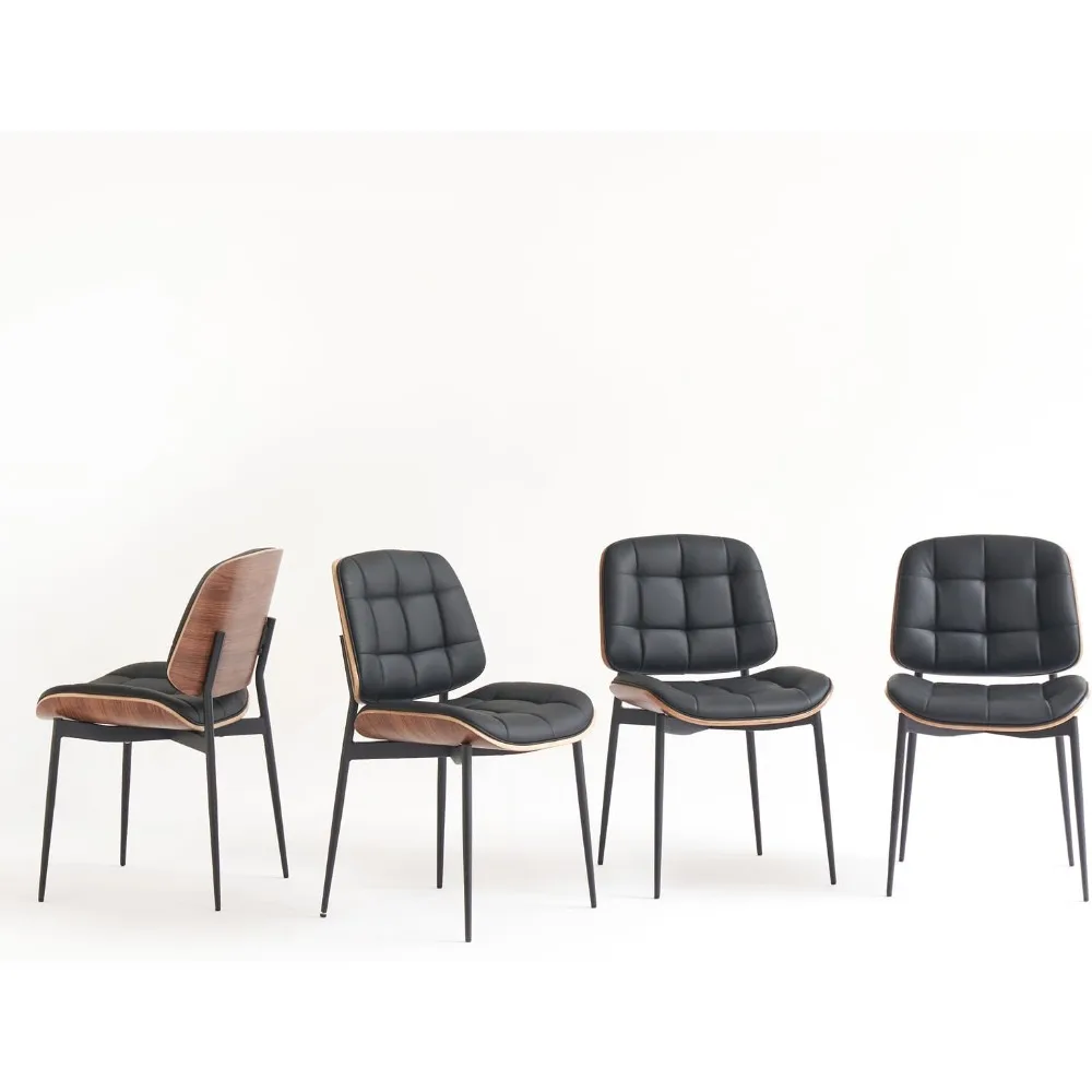 

Mid-Century Modern Dining Chairs, Walnut Grain Back, Black Faux Leather Dining Room Chairs, Set of 4, Plaid Upholstery