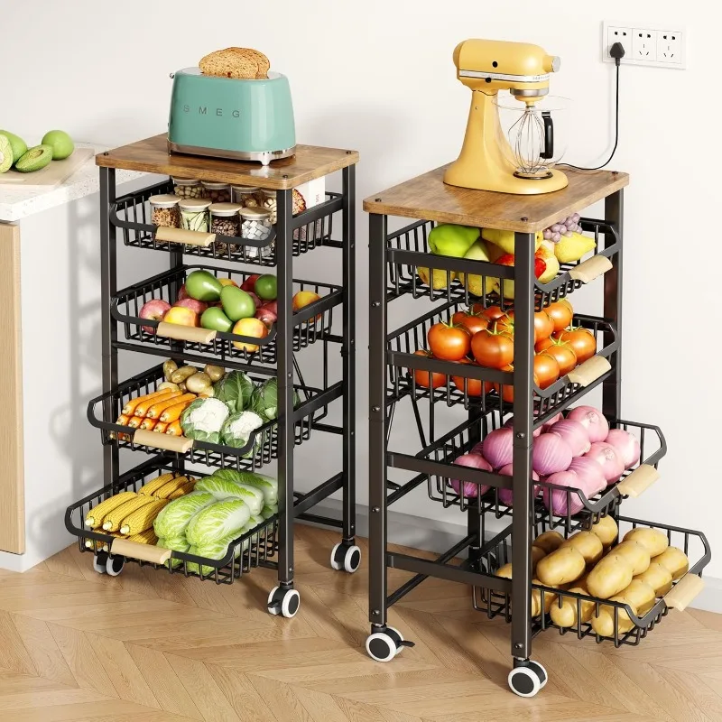 

Fruit Vegetable Basket for Kitchen Pantry Organizers, 5 Tier Large Pull-Out Wire Basket with Wood Top and Wheels for Fruit