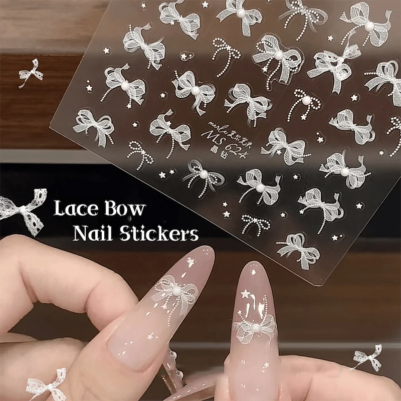 5D White Lace Bow Nail Art Stickers Pearl Rhinestones Nail Decoration Adhesive Decals Slider DIY Accessory