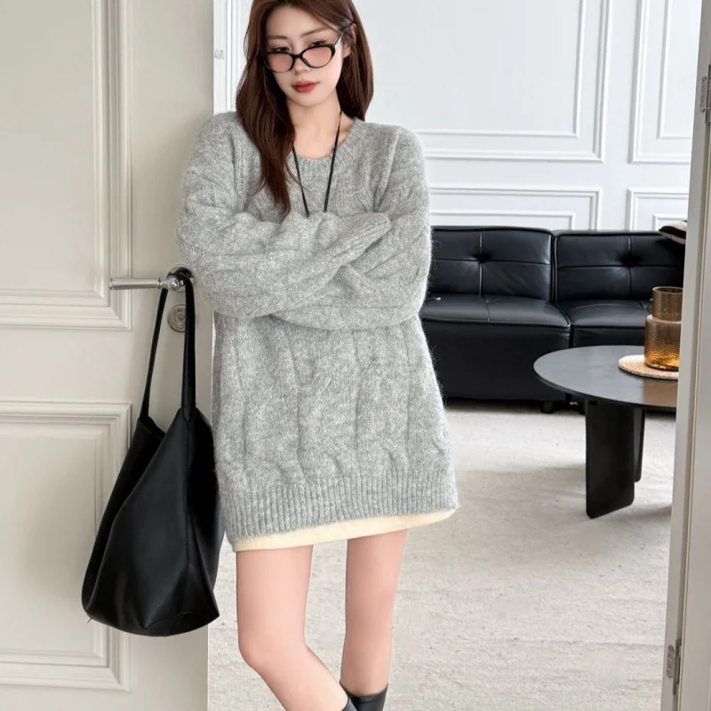 

Осенний новый вязаный свитер в корейском стиле, женский однотонный свитер с круглым вырезом, пальто, ленивый стиль, модный повседневный топ