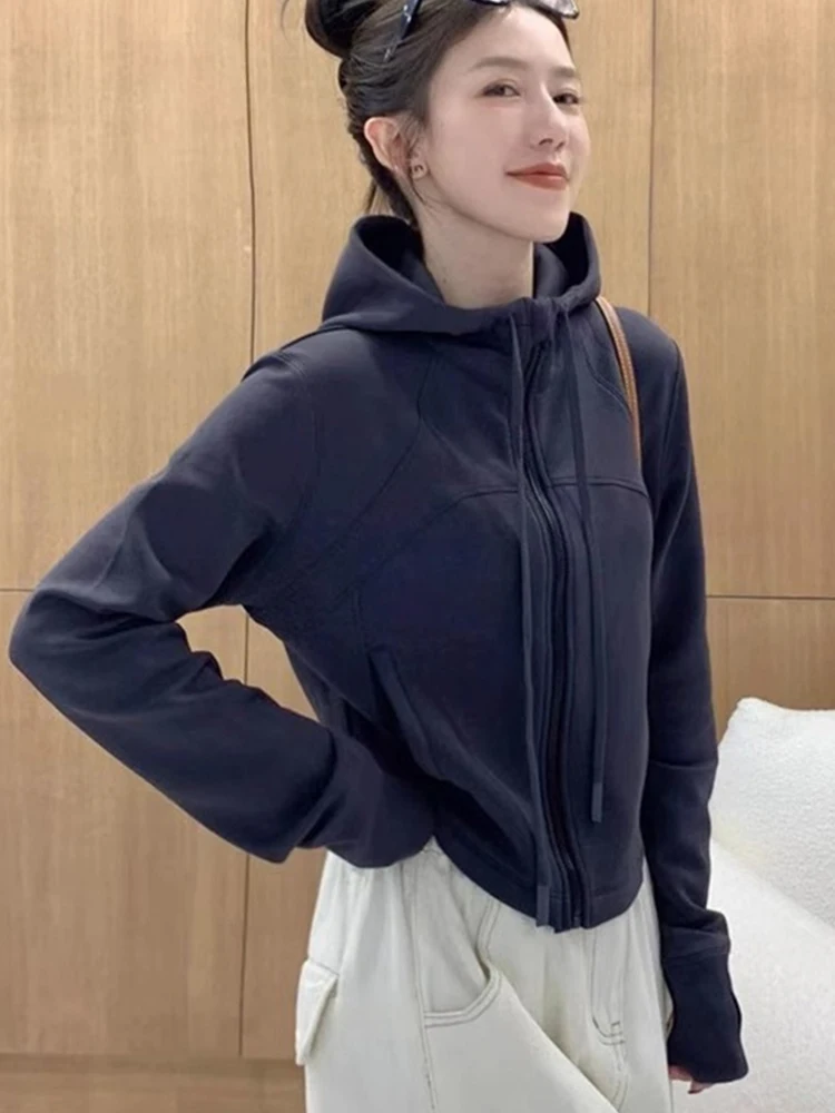 Długi kardigan z kapturem w jednolitym kolorze, wyszczuplający, zapinany na zamek, w stylu koreańskim, casualowy, wygodny, miękki top.