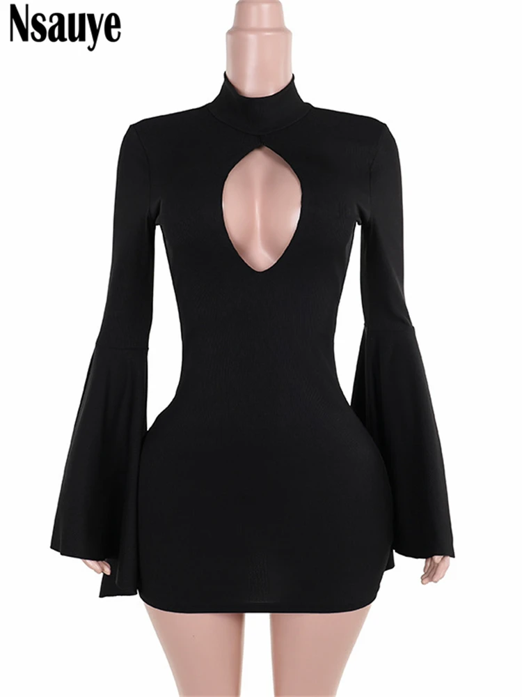 Nsauye Women Sexy Black Ribber Knitted Fashion Elegant Club Dress Evening Party Hollow Out Flare Long Sleeve Short Dress 2024