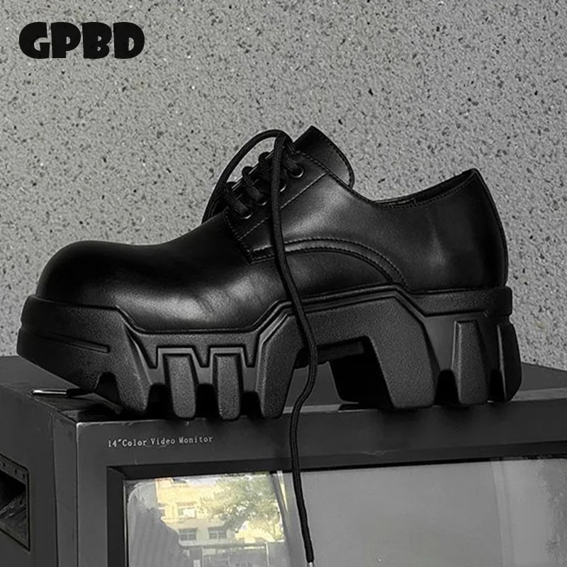 

GPBD Gear-soled Bulldozer Shoes for Men's Height Increase 2025 Autumn Thick-soled Niche Derby Shoes, Muffin Big-headed Shoes