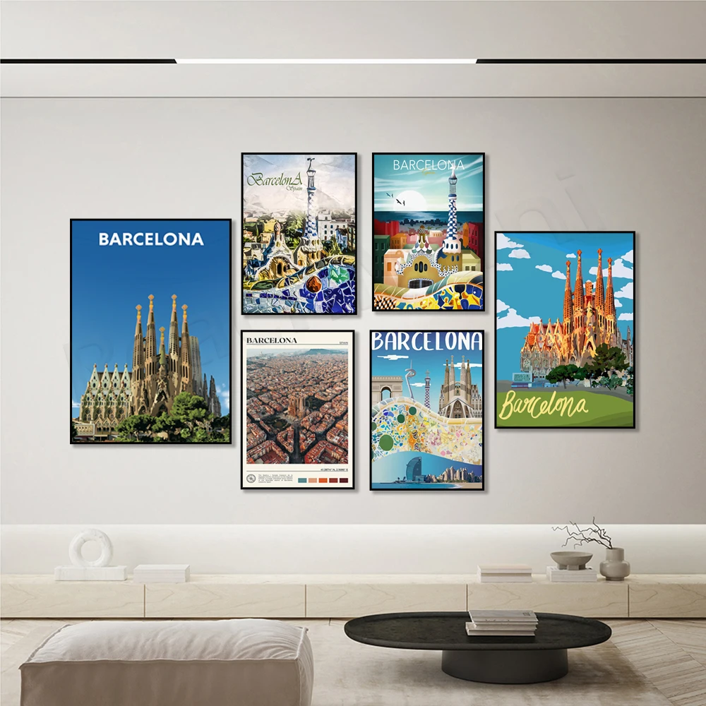 

Vintage Sagrada Familia Barcelona, Spain, European capital graphics, Park Guell, La Pedrera, Las Ramblas, Catalonia travel poste