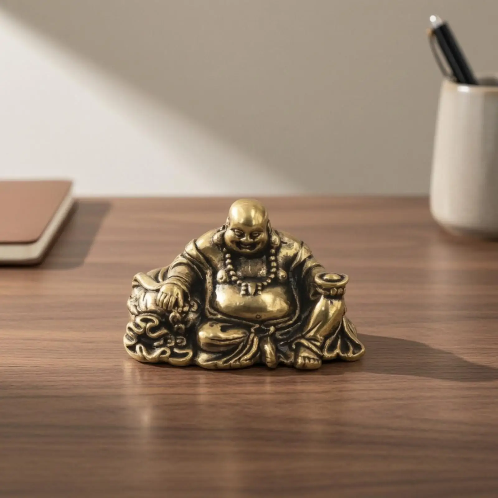 Traditional Laughing Buddha Figurine Brass Small Statue for Prosperity Buddhist Home Decor Accent