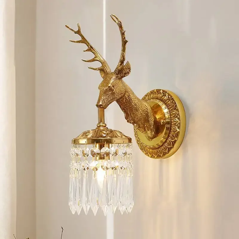 Deer Head All-Copper Wall Lamp French Luxury Retro Creative European Style Villa Living Room Bedroom Bedside Lamp