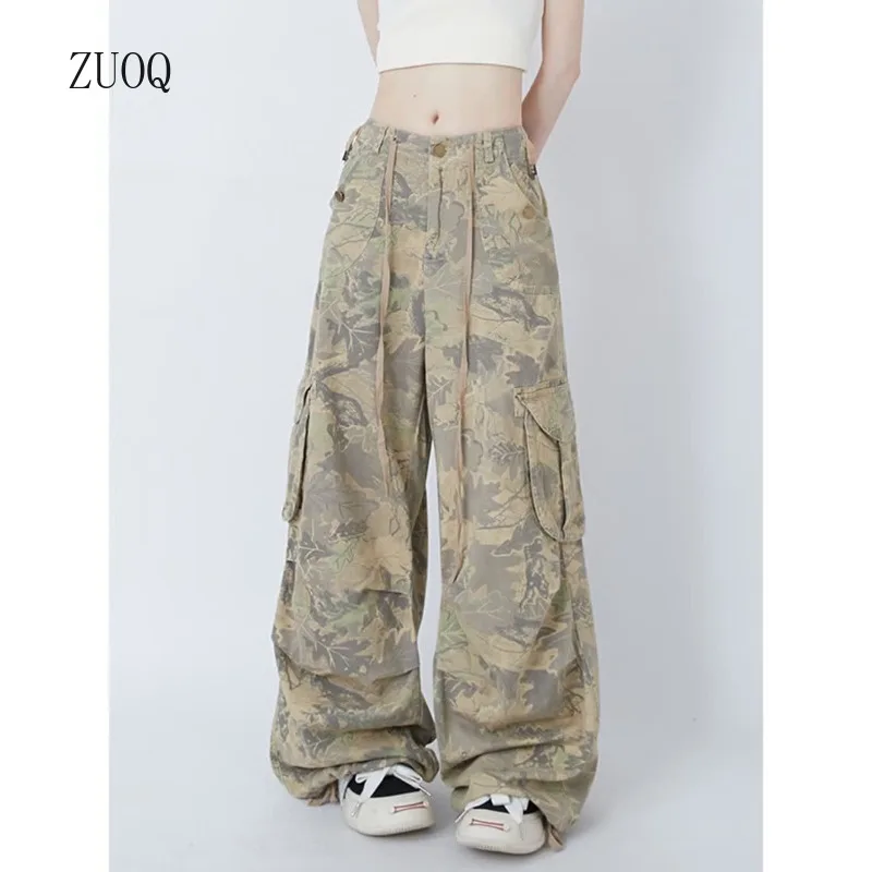 2024 New Camouflage Cargo Pants Women High Street Spice Girls Hip Hop Drawstring Wide Leg Full Length Versatile Trousers Female