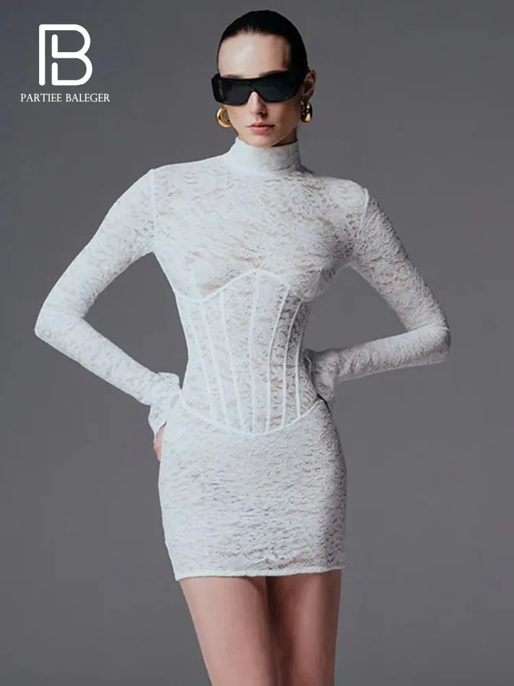 

PB Elegant White Lace Embroidery Design Turtleneck Corset Long Sleeve Mini Dress for Stylish Night-outs & Party Evening