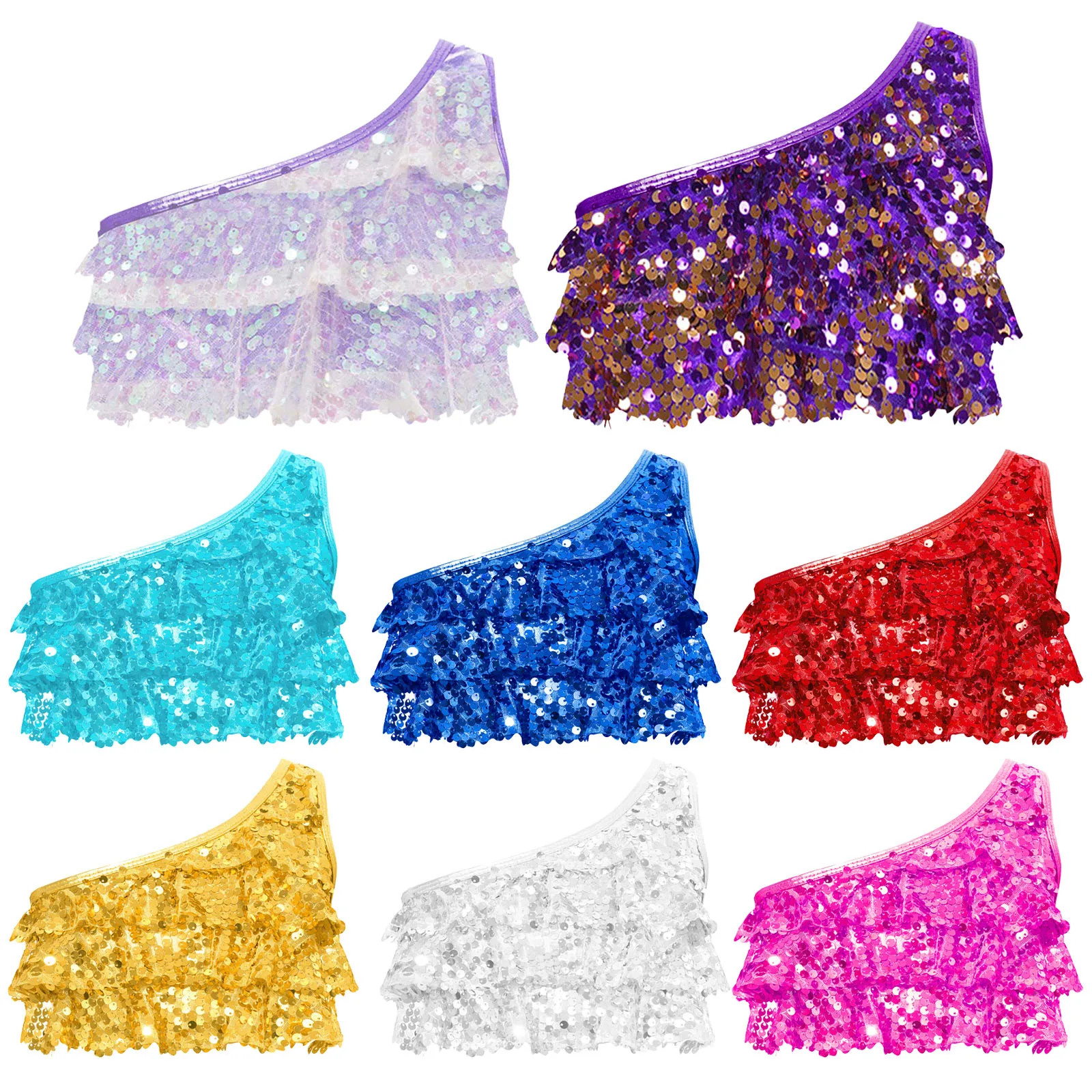 Kids Girls Sequins Crop Tops Shiny Sequins Tiered Ruffles Sleeveless Tank Top Metallic One Shoulder Vest Performance Dancewear