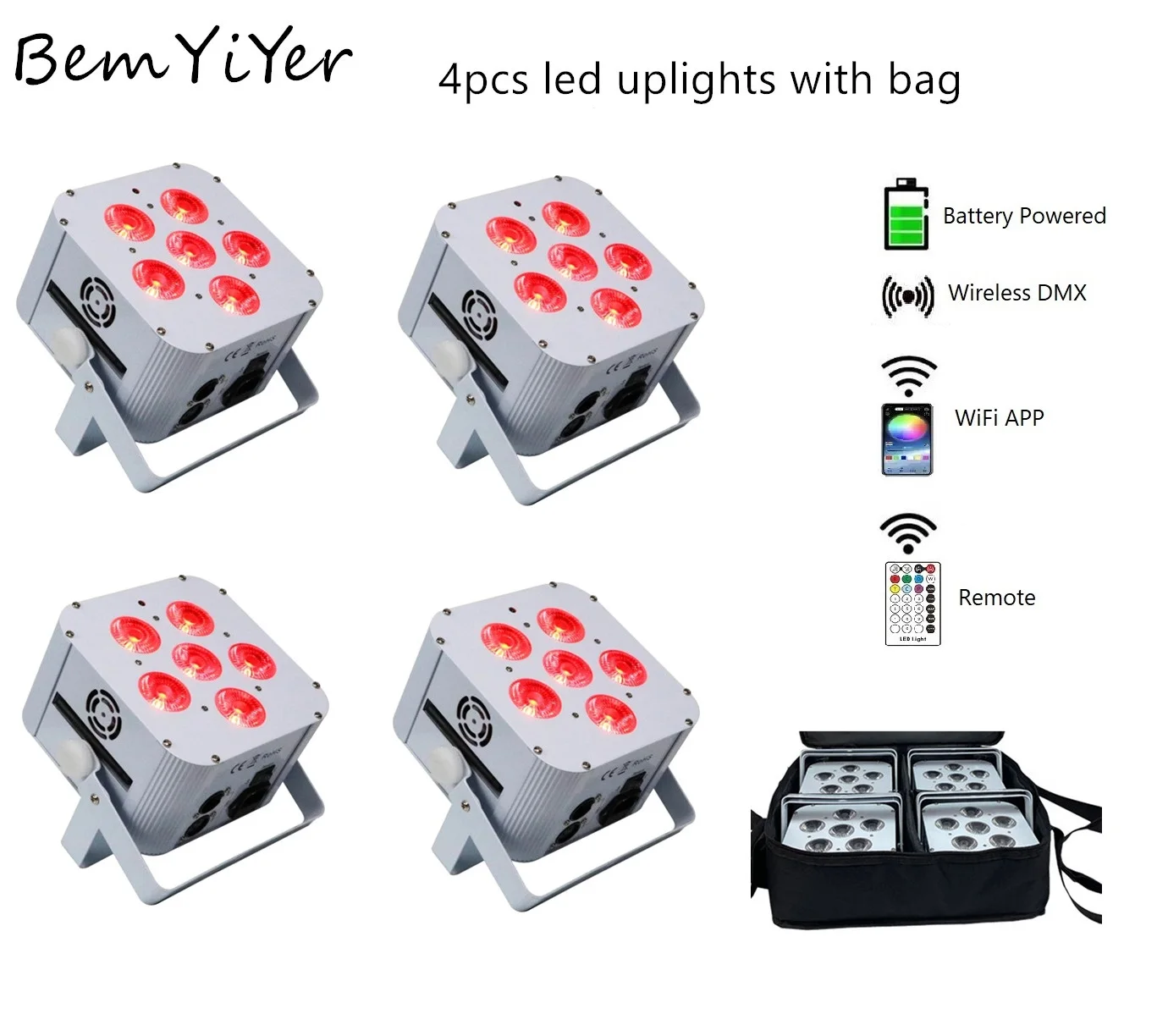 

4 упаковки приложения WIFI DJ LED Par Uplights 6x18 Вт с батарейным питанием Беспроводной DMX IR/RGBWA + UV 6in1 для DJ-вечеринок, свадебных мероприятий
