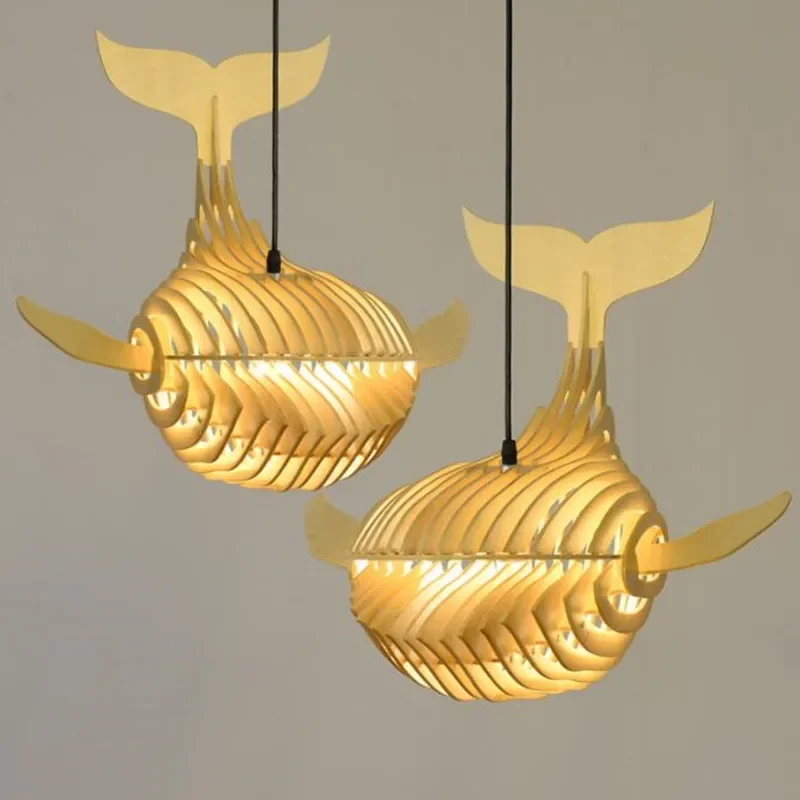 Big Wooden Fish Pendant Lamp E27 Wood Whale Hanging Light Chanderlier Fish Light for Kids Room Japanese Sushi Bar Lighting