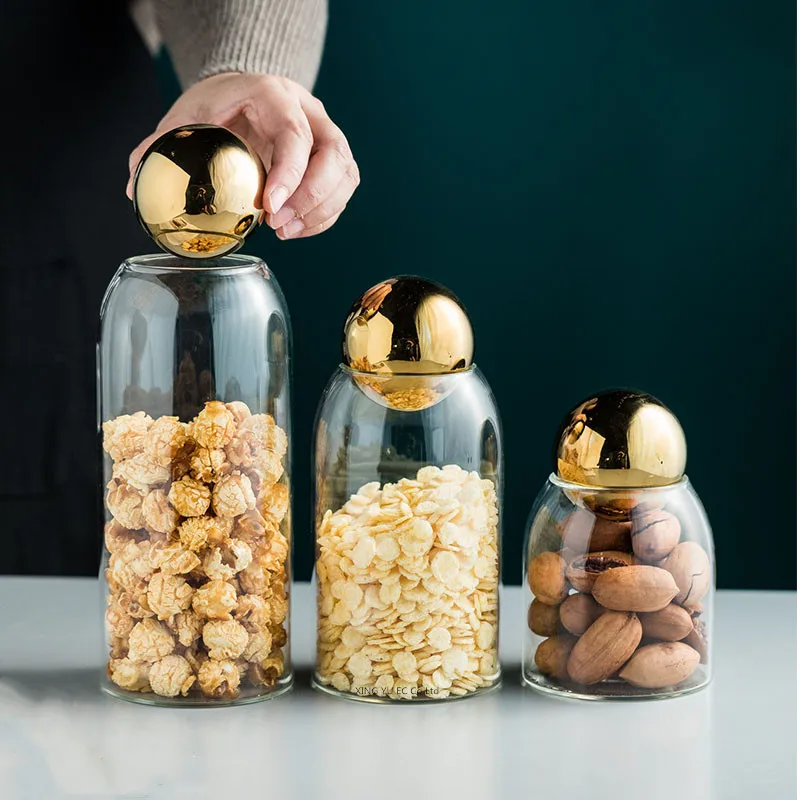 

Golden Cork Cover Glass Storage Jar Kitchen Food Storage Container Coffee Bean Tea Can Sundries Storage Bottle Home Decoration