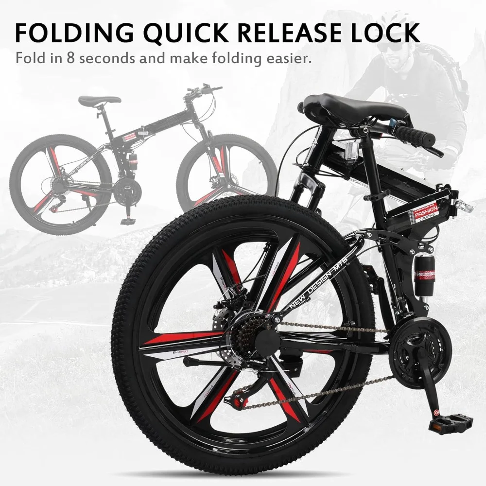 Foldable Mountain Bike 26 Inch 21 Speed with Powerful Mechanical Dual Disc Brakes, Dual Shock Effect