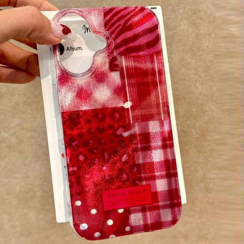 Cherry Red Leopard Print Stitching Clear Phone Case For iPhone 11 12 13 14 15 16 Pro Max XS XR X 7 8 Plus Silicone Soft Cover