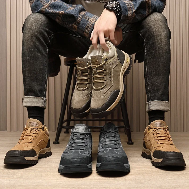 

New Men Genuine Leather Boots Winter Outdoor Sport Hiking Shoes Fashion Designer Plush Short Boots