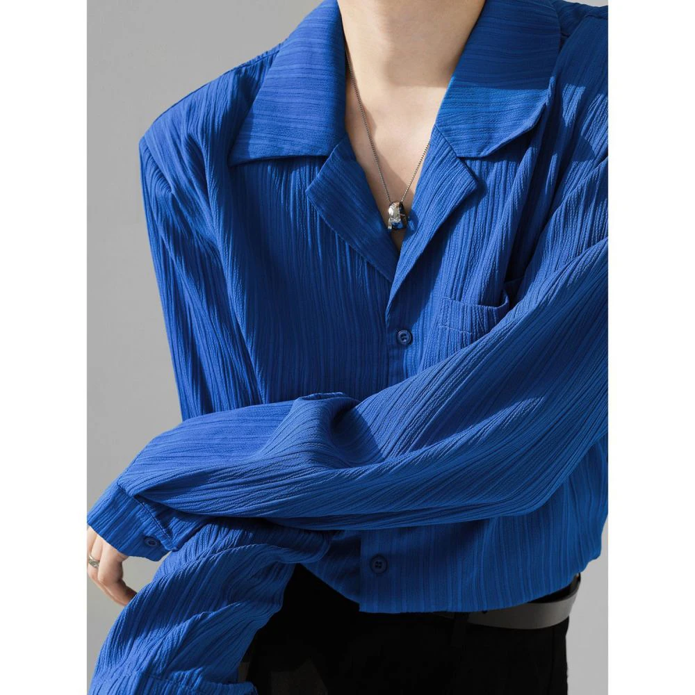 Solid Notched Neck Texture Shirt Sunscreen Blue White Spring Summer Long Sleeve Pocket Mens Blouse'