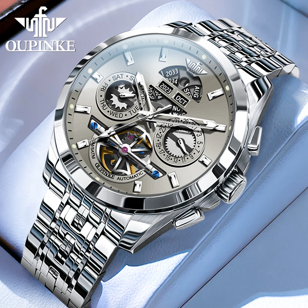 Oupinke 3251 relógios masculinos volante automático mecânico original relógio de pulso para homem à prova dwaterproof água luminosa perpétuo duplo calendário