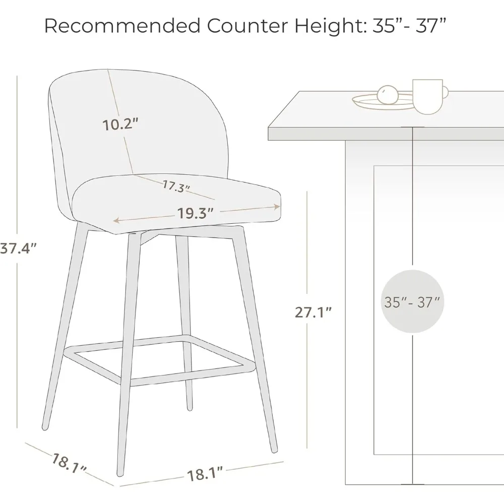 Counter Height Bar Stools Set of 2, 360° Swivel Upholstered Barstools with Backs and Metal Legs, Faux Leather in Saddle Brown