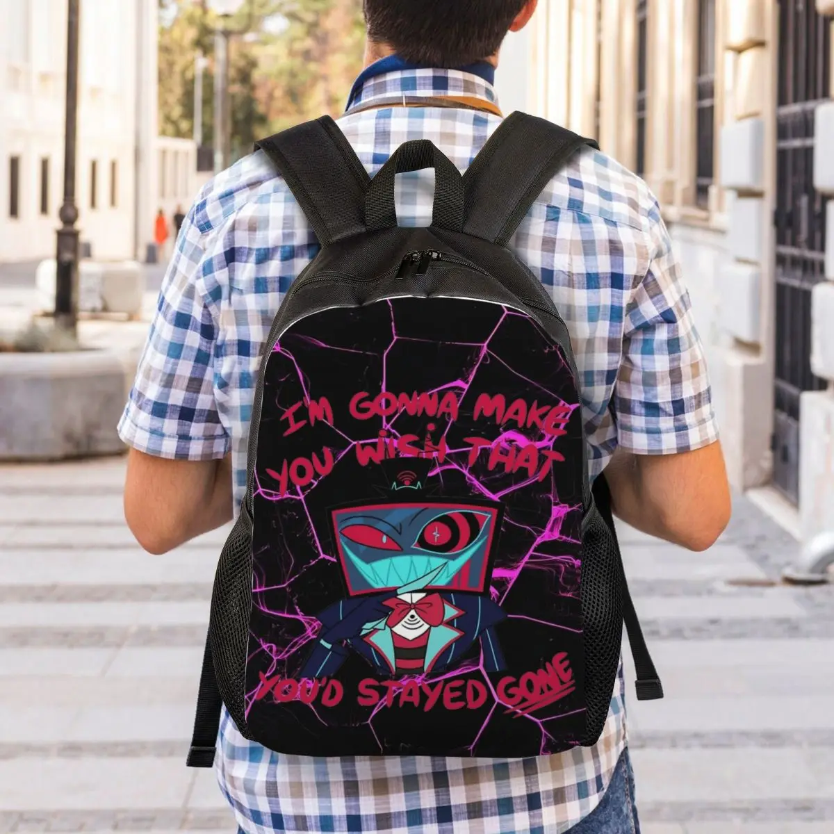 Vox stay Gone mochila Hazbin Anime Hotel Sport Backpacks para hombre Streetwear School Bags Colorful Big Rucksack