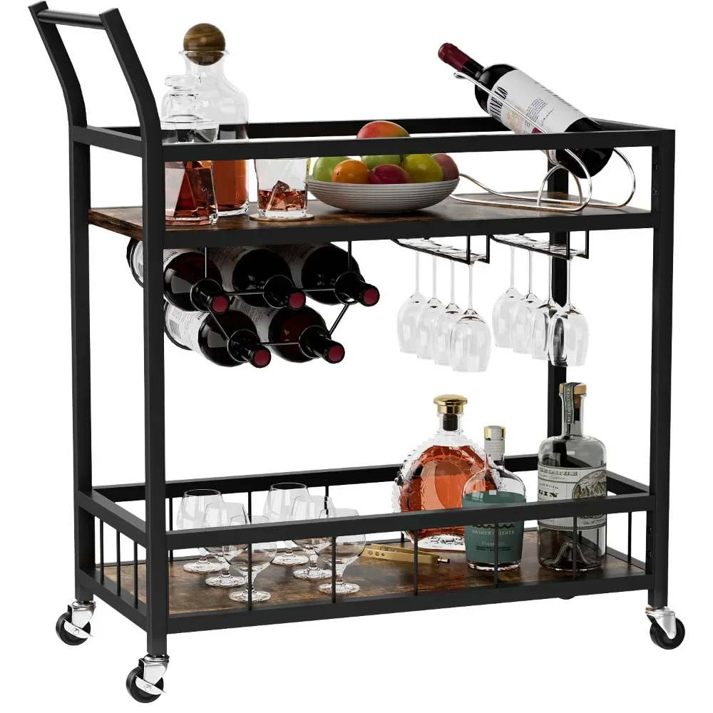 Home Industrial Mobile Bar Cart Serving Wine Cart Glass Holder 2 Wood Storage Shelves for Living Room Kitchen Party Black