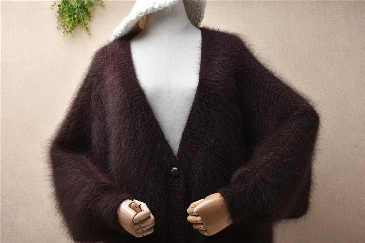 Weibliche Frauen Frühling Herbst Dicke Warme Haarigen Nerz Kaschmir Gestrickte Lange Batwing Ärmeln V-ausschnitt Lose Strickjacke Jacke Mantel Pullover