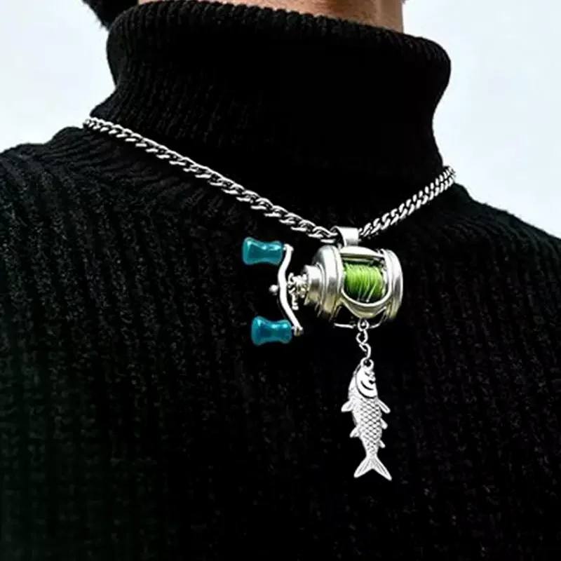 Mini Fishing Reel Necklace Fishing Rotating Handle & Moving Line Guide Spinning Reel Keychain Backpack Charm For Fishermen