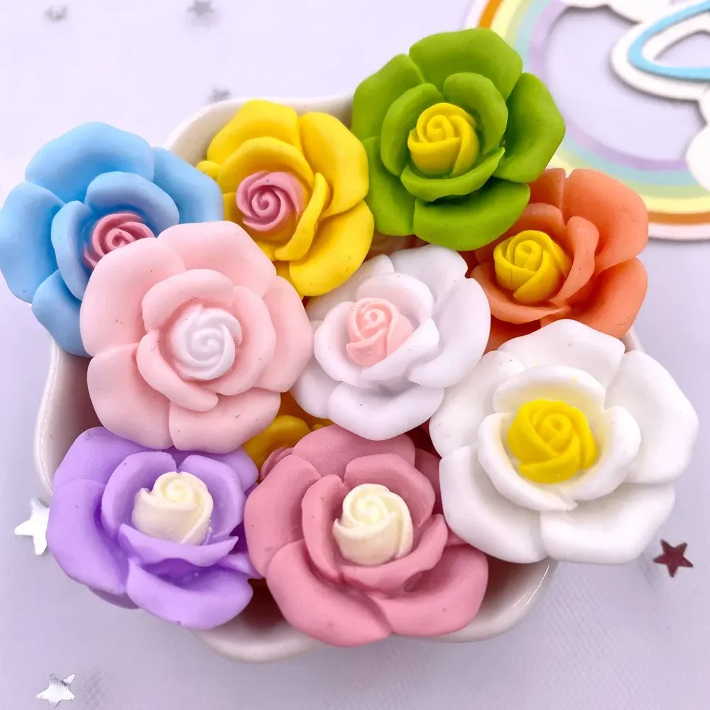 10Pcs 26mm Resin Kawaii Colorful Double Large Flower Flat Back Stone Flower Figurines Scrapbook DIY Hairpin Accessories Crafts