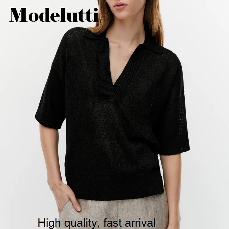 

New Spring 2023 Summer Fashion Short Sleeve V-neck Linen Knitted Sweater T-shirt Women Solid Simple Casual Tops Female