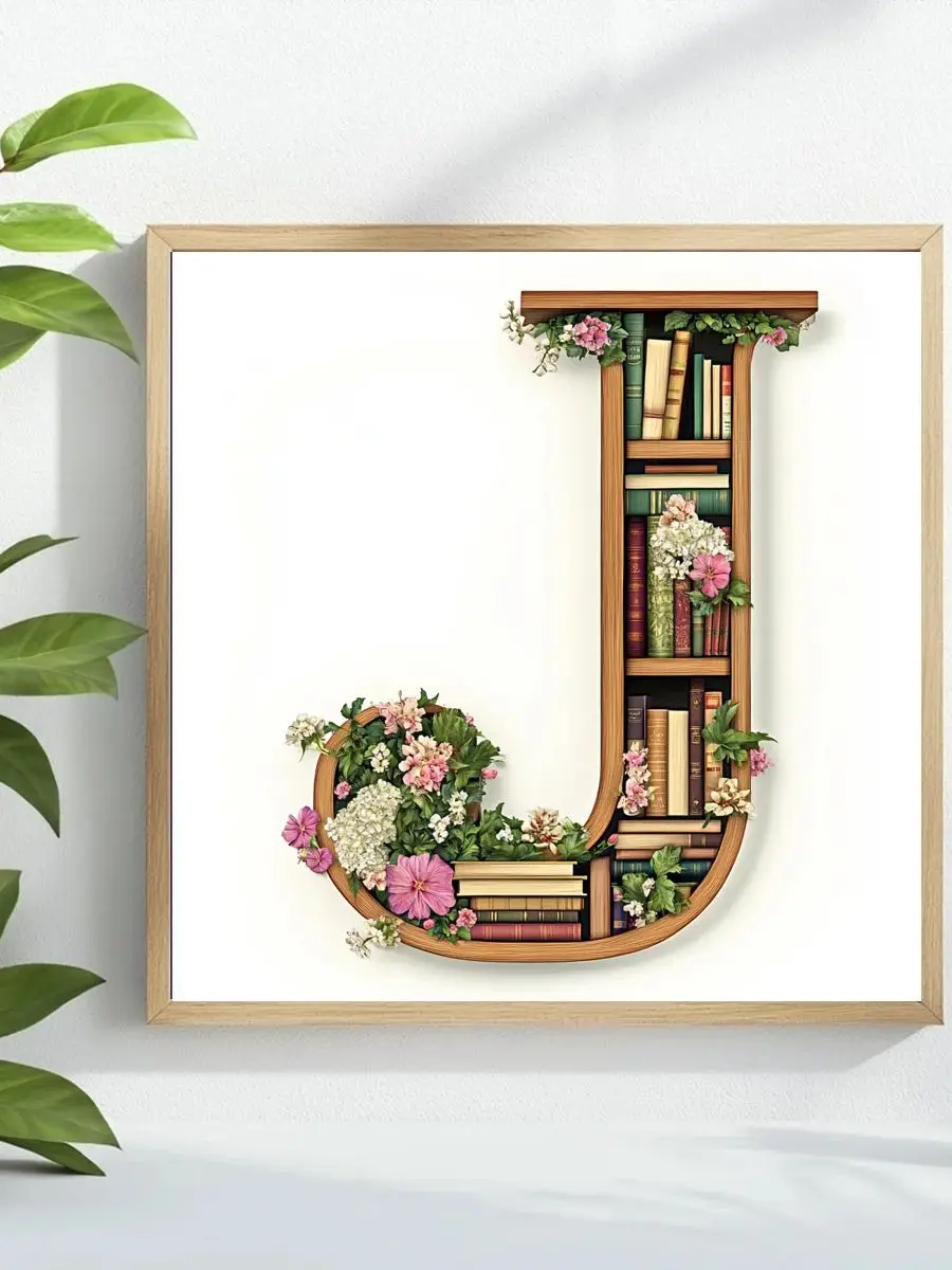 1 Stück 40x40 cm/15,74 Zoll Buchstaben-Bücherregal - Kreuzstich-Set mit J-Stempel, DIY-Set 11CT/14CT Vollstickerei Wanddekoration als Geschenk – Detail 1