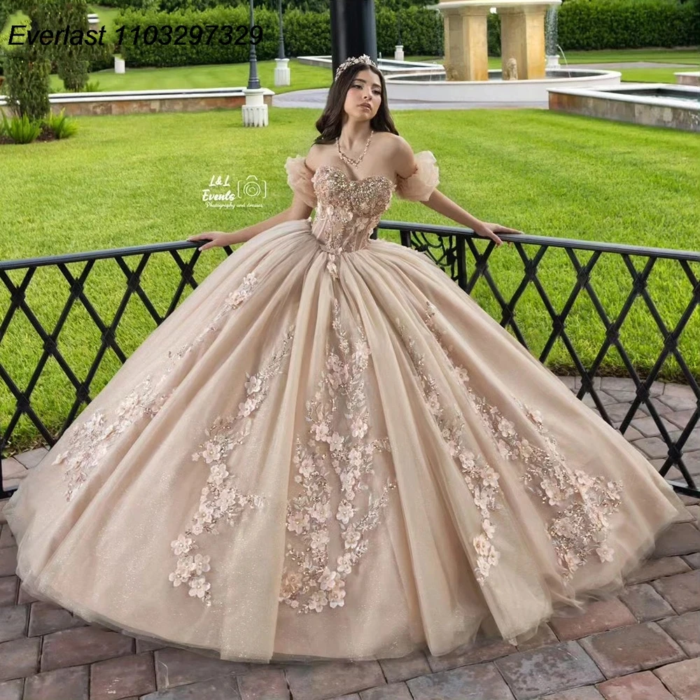 EVLAST Customized Champagne Crystal Beading Ball Gown Quinceanera Dress 3D Flowers Appliques Lace Vestidos De 15 Años TQD837