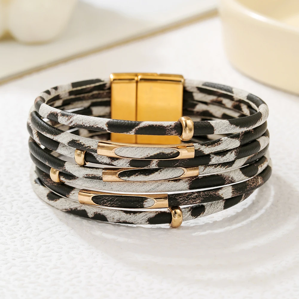 

New Trendy Leopard Print Multi-Layered Aid Magnet Bracelet For Women Boho Leather Wrap Wide Bracelet& Bangles Statement Jewelry