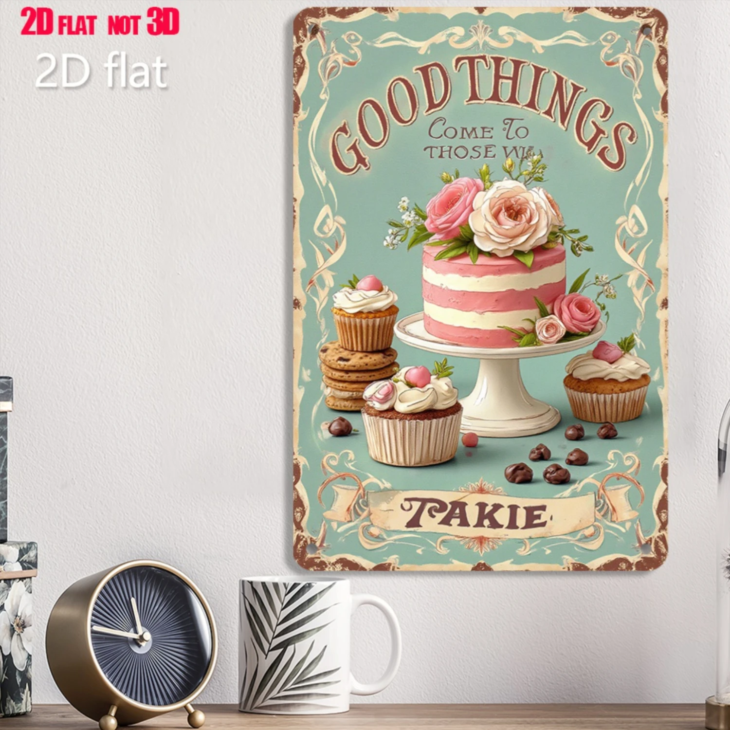 

2D Flat - 1pc Vintage Metal Baking Poster | Pink Cake & Cupcakes with Flowers, 8*12 Inch - Rustic Kitchen Decor for Home, Cafe, Garage - High-Quality Printed Wall