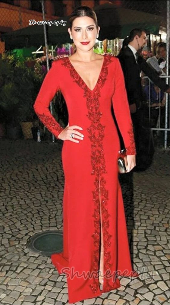 Elegante vestido de noche de sirena roja para mujer, manga larga, cuello en V, abertura frontal, vestido Formal para ocasiones, vestido de fiesta de celebridades, 2024