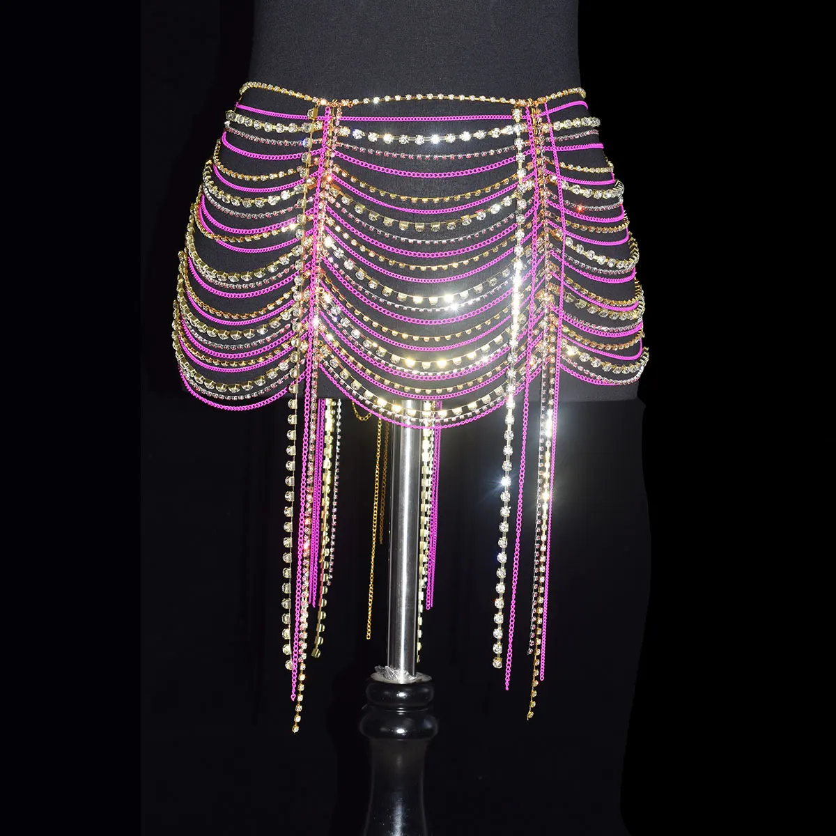 Shiny Women\'s Rhinestone Skirt Sexy  Luxurious Body  Jewelry Rose Red Wais stage Performance Music Festival Party  Costume Chain