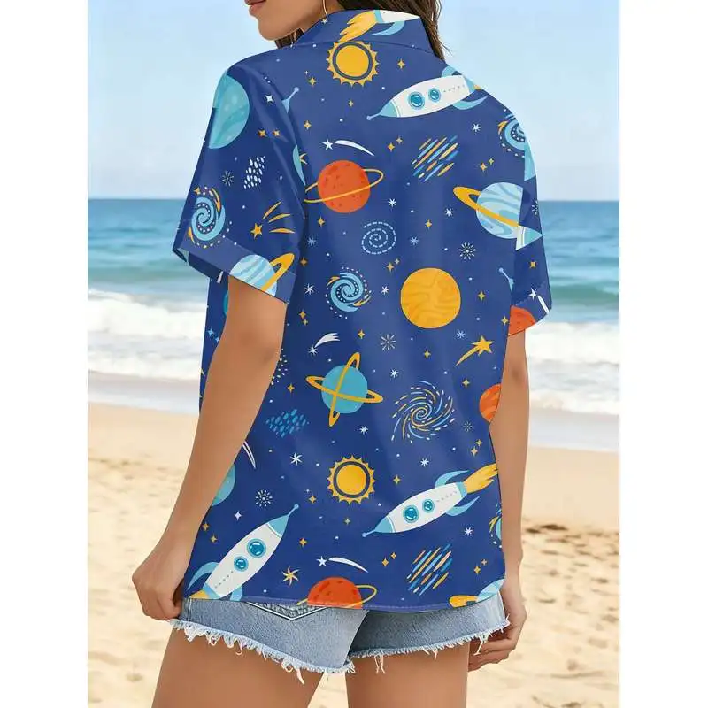 Women's Short Sleeve Button Up Shirt Space Theme Printed Rocket Planet All Over Dark Blue Casual Commuter Top Machine Washable
