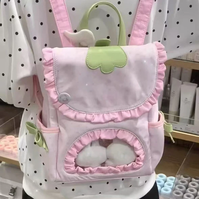 Cute Lolita Pink Ita Bag Women's Star Print Ruffled Transparent Window Doll Display Bag Sweet Japanese Style Girly Flip Backpack
