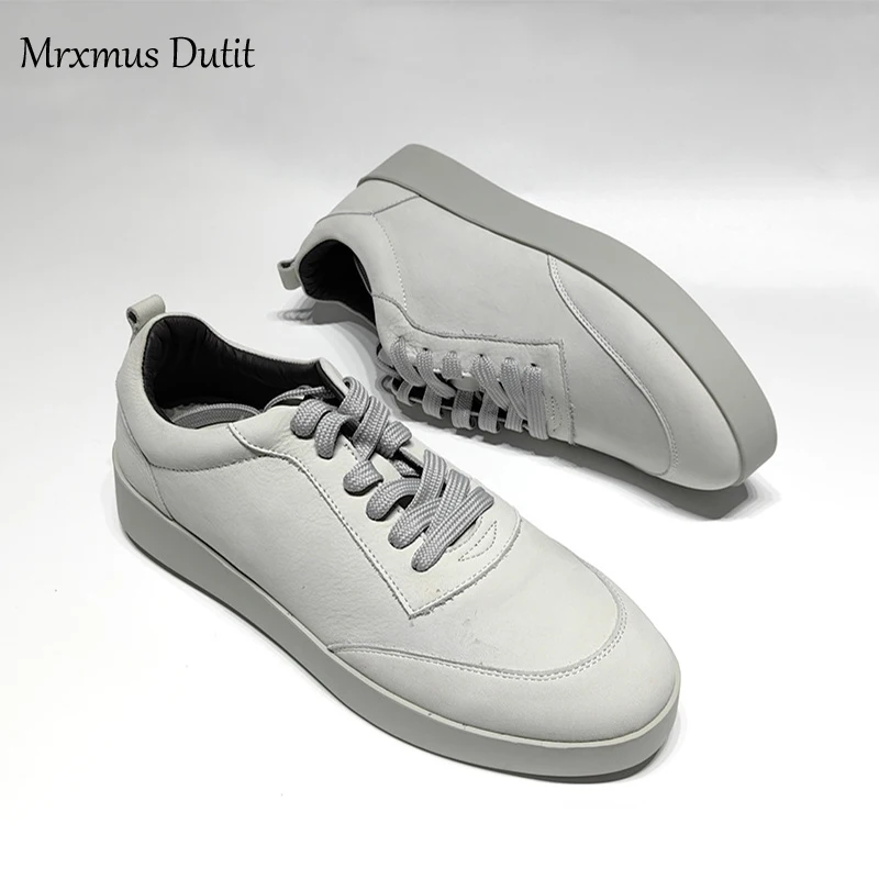 Mrxmus 2024 Spring Summer New Men Genuine Leather Lacing Thick Sole Flat Sneaker Solid Simple Casual Versatile Shoes Male Chic