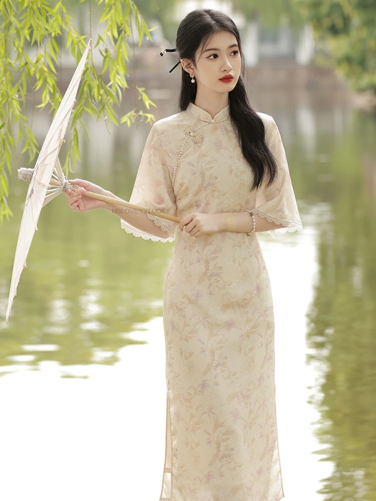 

New Chinese Style Improved Girl's Jacquard Cheongsam Summer Elegant Gentle Floral Long Women's Dress Graceful Cheongsam Dress