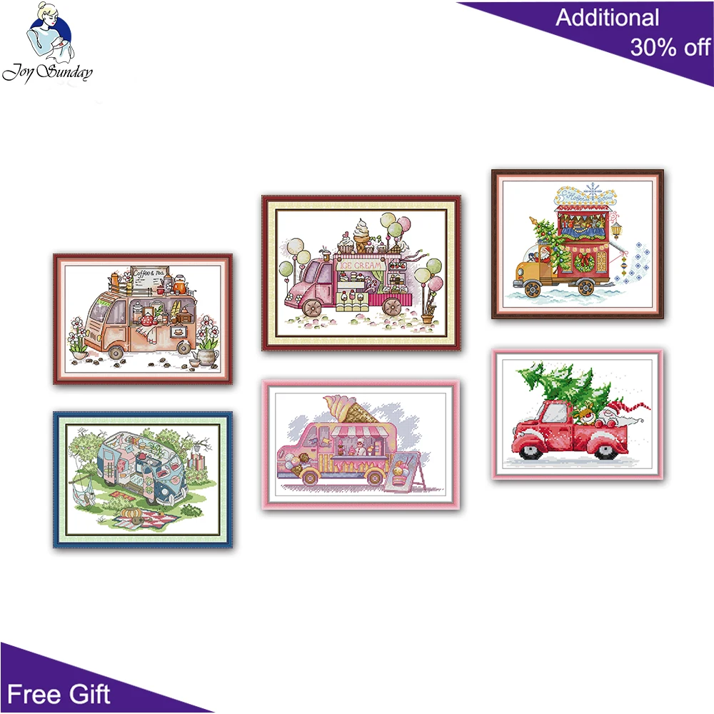 Joy Sunday Christmas Eve Present Coffee Cart Ice Cream Truck Caravan Picnic Cross Stitch, J678, J711, J719, J762, J791, KB257