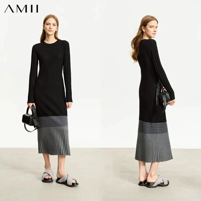 AMII Minimalist Dresses For Women 2026 Winter New Senior Patchwork Slim-fit Long Sweater Office Lady Knitted Vestidos 12354039