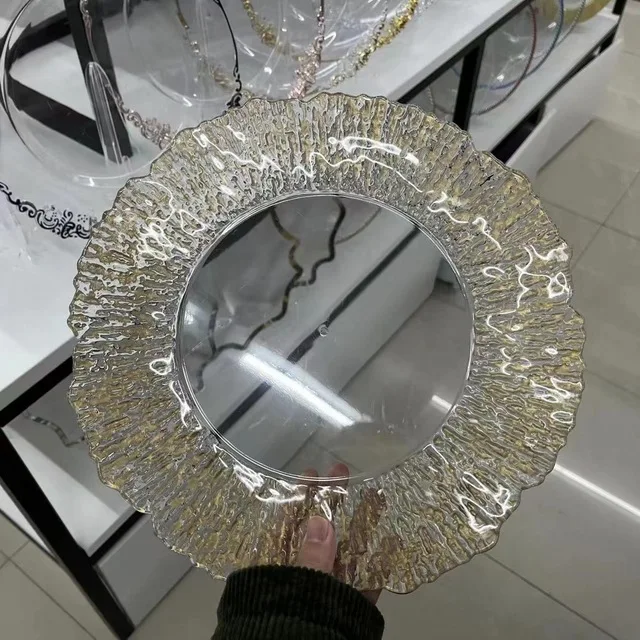 200pcs Clear Charger Plate with Gold Beads Rim Acrylic Plastic Decorative Dinner Serving Wedding Xmas Party Decor