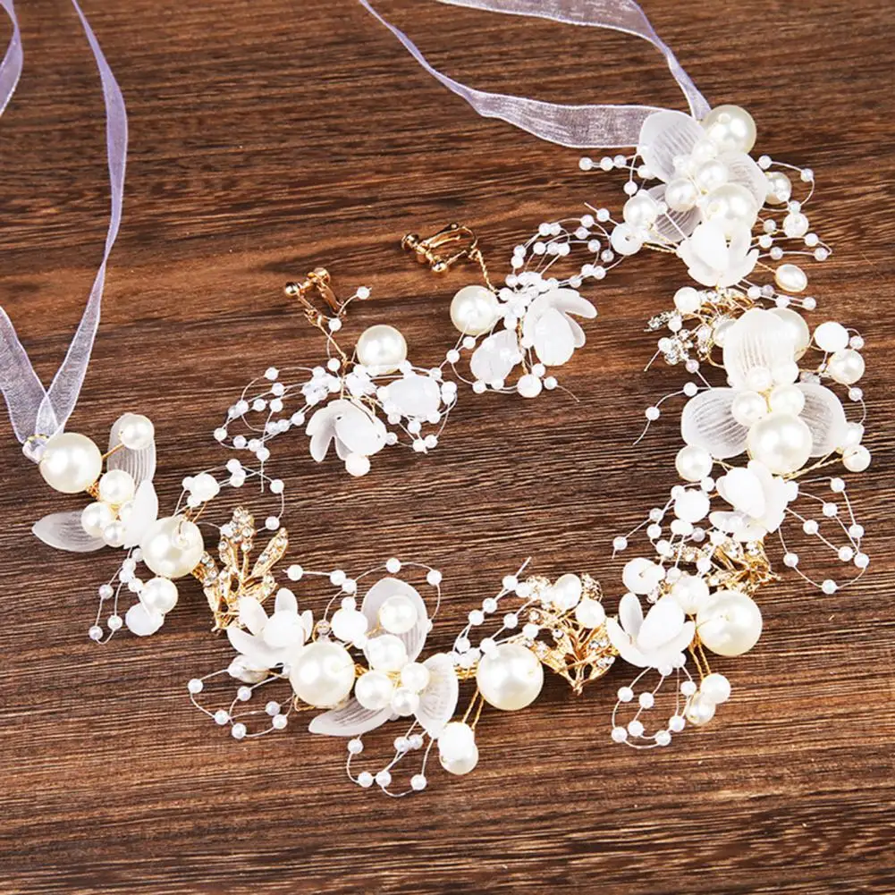 Exquisite Girls Headband Ribbon Lace-up Headpieces Headband Garland Flower Leaves Faux Pearls Decor Kids Princess Crown