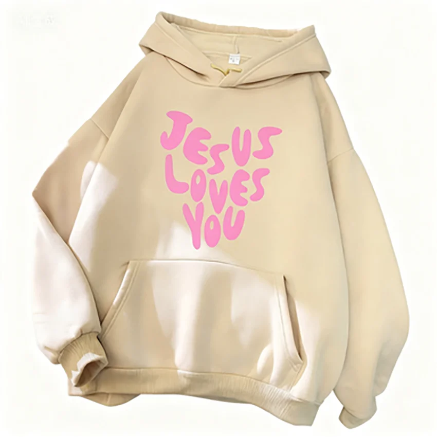 Jesus liebt mich Brief lustige Drucke Hoodies Frauen Herbst warme Sweatshirt Fleece All-Match-Kleidung Taschen-Hoodie