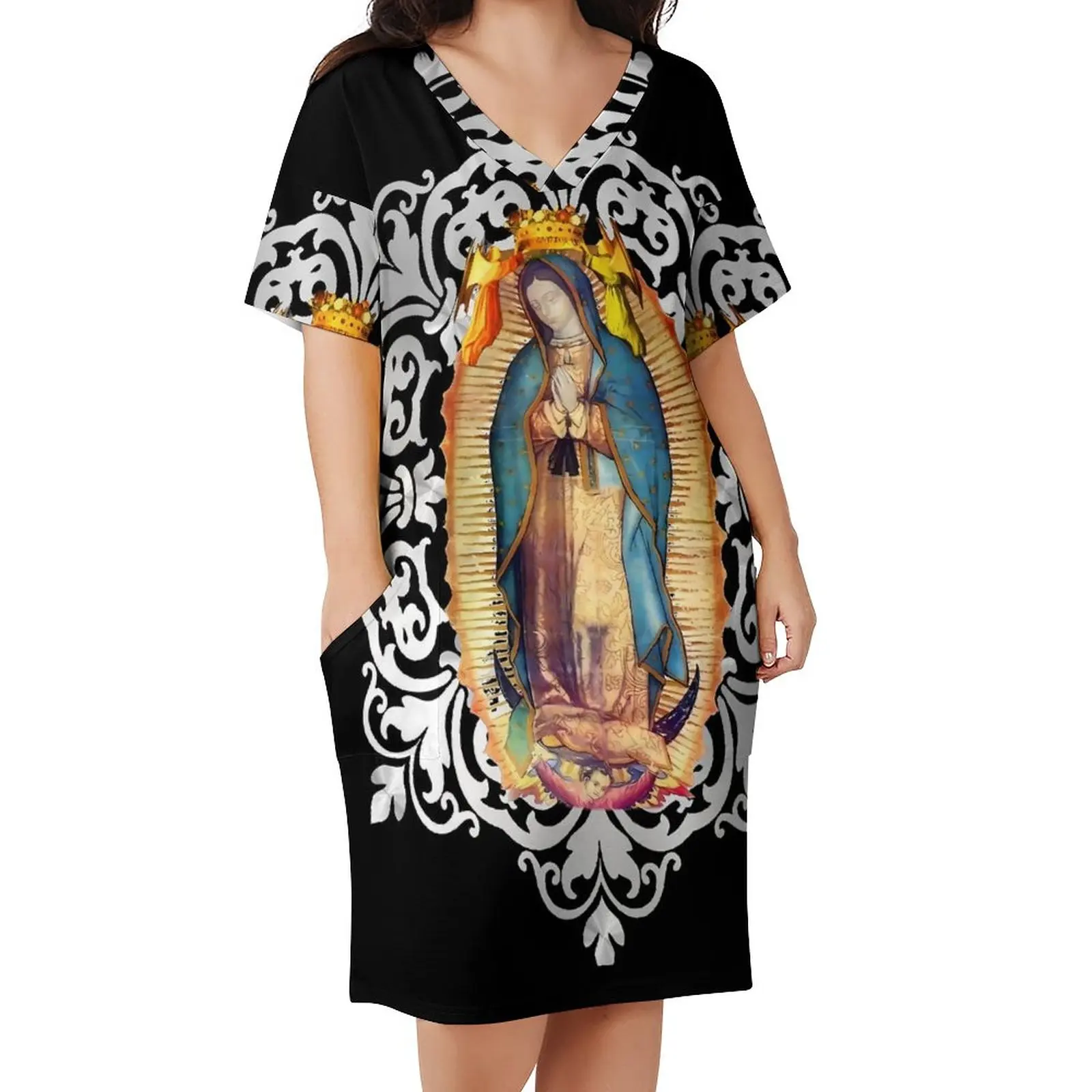 Mexican Virgen Virgin Casual Dress Female Our Lady of Guadalupe Kawaii Dresses Summer V Neck Basic Printed Dress Big Size