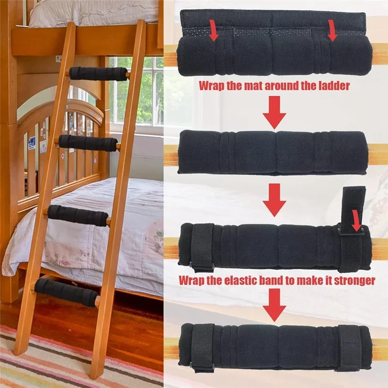 4 Pcs A03F- Bunk Bed Ladder Pads with 8 Adjustable Hook & Straps Loop Loft Bed Bunk Step Pad Cover