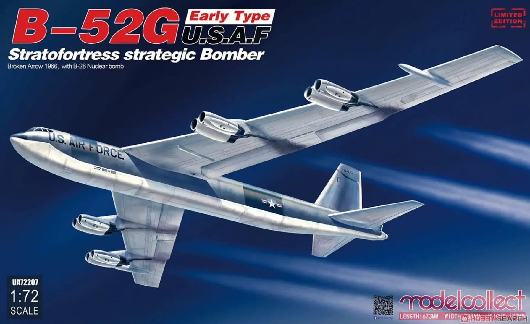 Collect Model UA72207 1/72 B-52G USAF stratofortress strategic bomber Broken Arrow 1966 w/ B-28 Nuclear bomb