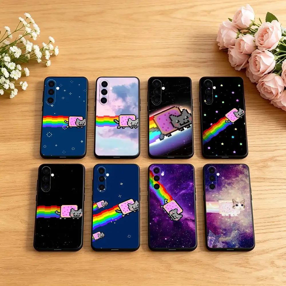 Cute N-Nyans Cat Phone Case For Samsung Galaxy A73,A72,A71,A70,A53,A52,A51,Others Soft Black Cover
