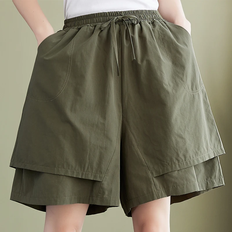 Casual High Waist Wide Leg Five-Point Pants Women's Summer New Style Fashion Slimming Straight Line Decoration Elastic Waist